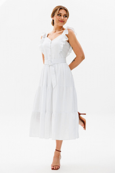 Летнее платье-сарафан из льна с рюшами и отрезной талией AVRIL 1012 белый - фото 3