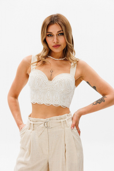 Летний бежевый топ из льна с кружевной отделкой AVRIL 1033 айвори - фото 1