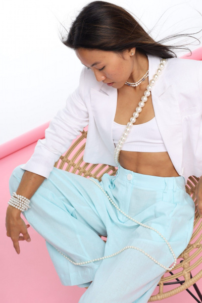 Летние голубые брюки из льна с карманами BURO 1313 - фото 4