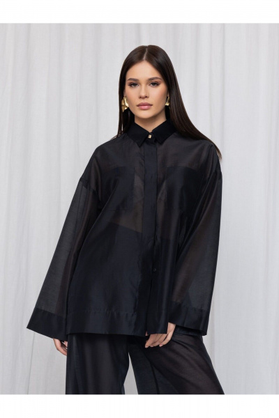 Черная полупрозрачная вискозная рубашка из текстиля DEVITA 6008 черный - фото 4