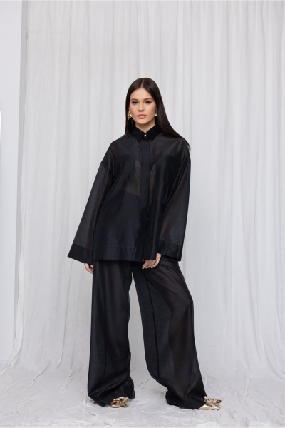 Черная полупрозрачная вискозная рубашка из текстиля DEVITA 6008 черный - фото 2