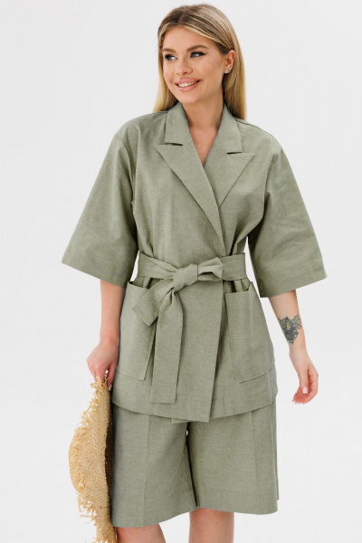 Летний свободный жакет из льна со спущенным плечом Ambera Style 1089х хаки - фото 2