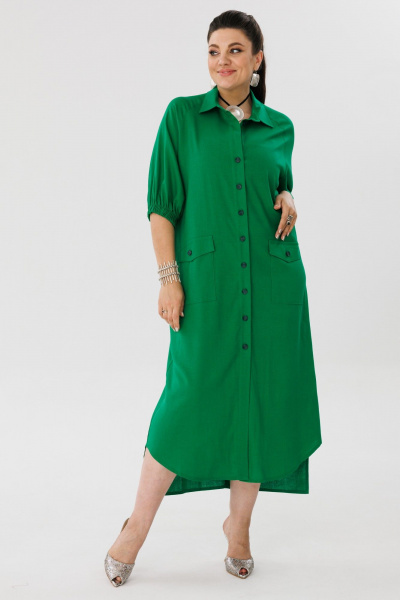 Льняное платье-рубашка, свободный крой, яркий зеленый Anelli 1456 малахит - фото 6