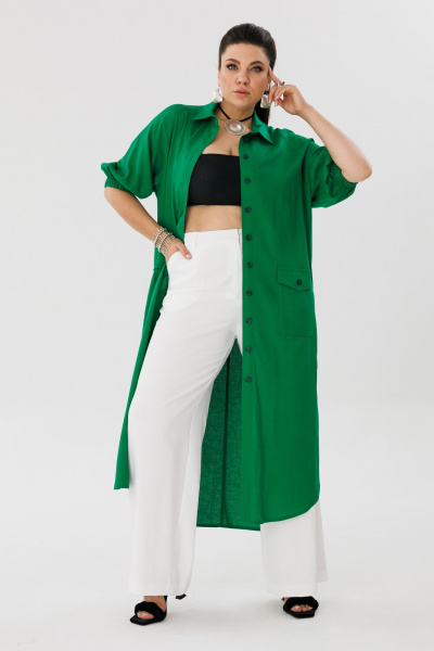 Льняное платье-рубашка, свободный крой, яркий зеленый Anelli 1456 малахит - фото 5