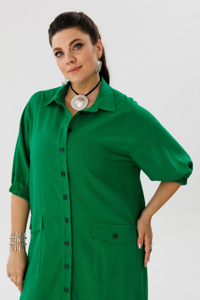 Льняное платье-рубашка, свободный крой, яркий зеленый Anelli 1456 малахит - фото 3