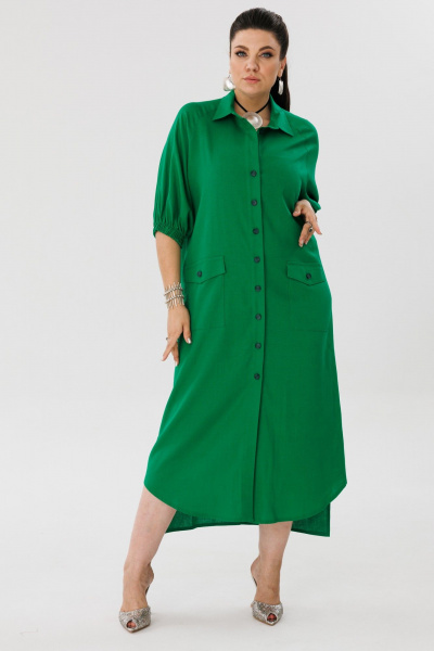Льняное платье-рубашка, свободный крой, яркий зеленый Anelli 1456 малахит - фото 1