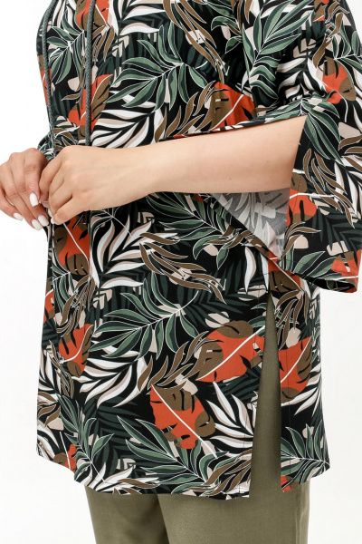 Летняя туника с разрезами и шнуровкой V-образным вырезом La rouge 9070 листья-набивной - фото 10