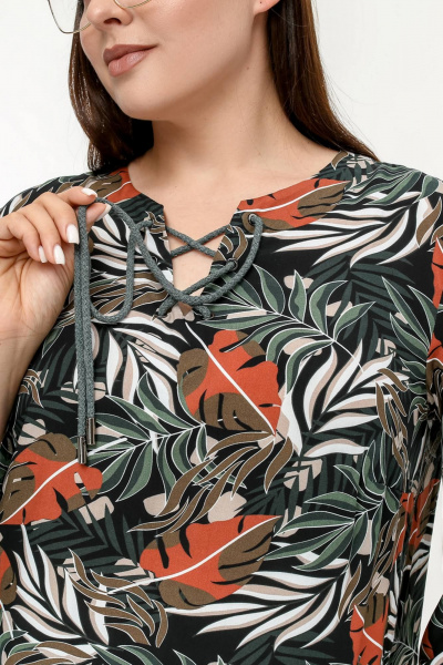Летняя туника с разрезами и шнуровкой V-образным вырезом La rouge 9070 листья-набивной - фото 8