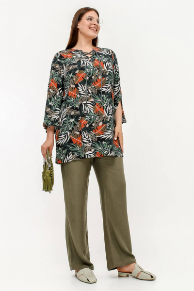 Летняя туника с разрезами и шнуровкой V-образным вырезом La rouge 9070 листья-набивной - фото 3