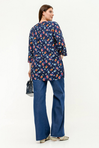 Туника с разрезом, V-вырезом, расширенным рукавом 7/8 La rouge 9070 синий-(бокалы) - фото 5