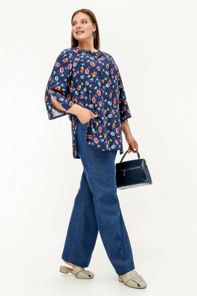 Туника с разрезом, V-вырезом, расширенным рукавом 7/8 La rouge 9070 синий-(бокалы) - фото 4