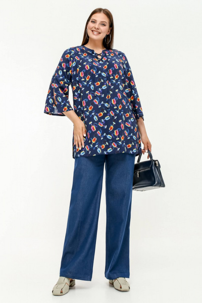 Туника с разрезом, V-вырезом, расширенным рукавом 7/8 La rouge 9070 синий-(бокалы) - фото 2