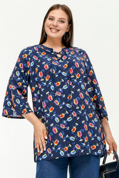 Туника с разрезом, V-вырезом, расширенным рукавом 7/8 La rouge 9070 синий-(бокалы) - фото 1