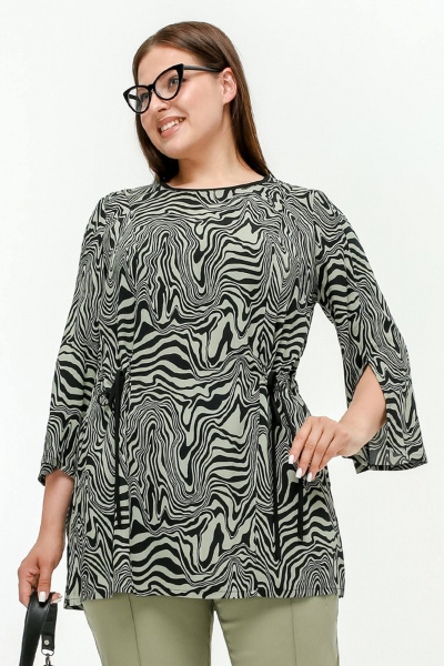 Туника с кулисками и высокими разрезами, мультиколор, лето La rouge 9075 хаки-(зебра) - фото 1