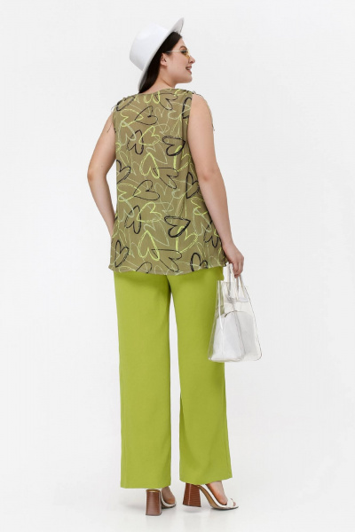 Расширенный топ с шнурками в плечах, креш-шифон, зеленый La rouge 3352 хаки-(сердечки) - фото 4