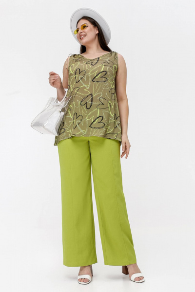 Расширенный топ с шнурками в плечах, креш-шифон, зеленый La rouge 3352 хаки-(сердечки) - фото 2