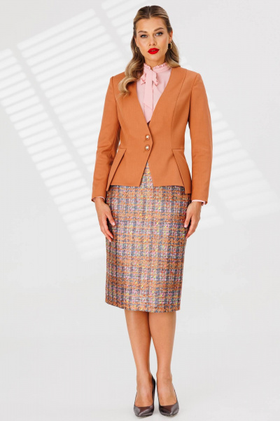 Трехпредметный стильный костюм: жакет, блуза, юбка, оранжевый Мода Юрс 2811 терракот_розовый - фото 1