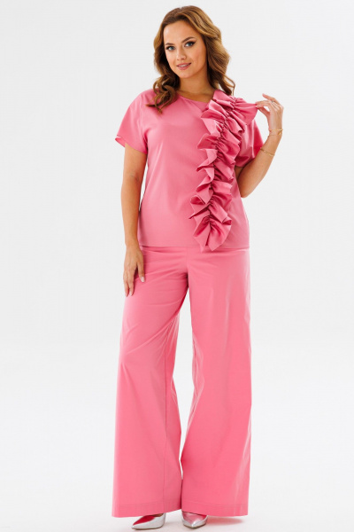 Розовая блуза прямого силуэта с рюшей и коротким рукавом ANIDEN 1121 - фото 2