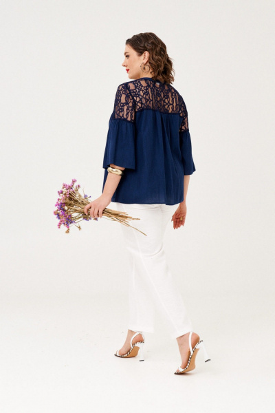 Блуза и брюки из вискозы и текстиля с гипюром летний комплект Almirastyle 356 белый, синий - фото 6