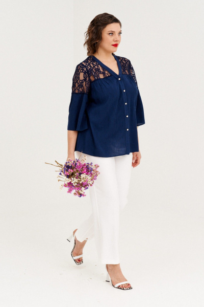 Блуза и брюки из вискозы и текстиля с гипюром летний комплект Almirastyle 356 белый, синий - фото 4
