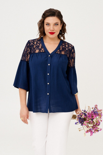 Блуза и брюки из вискозы и текстиля с гипюром летний комплект Almirastyle 356 белый, синий - фото 2