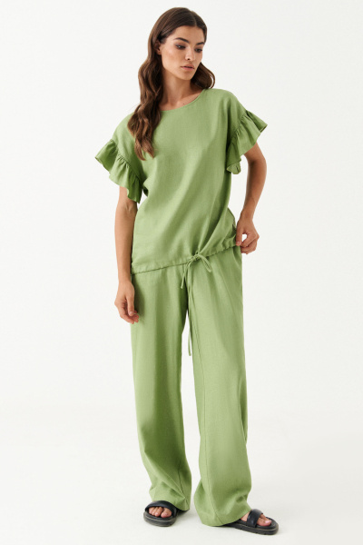 Льняная блуза с кулисой и сборкой на плечах Панда 174740w оливковый - фото 1