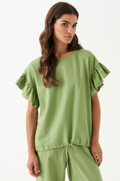Льняная блуза с кулисой и сборкой на плечах Панда 174740w оливковый - фото 2