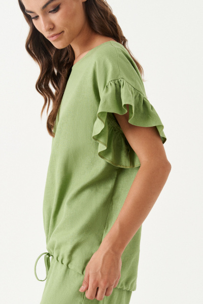 Льняная блуза с кулисой и сборкой на плечах Панда 174740w оливковый - фото 3