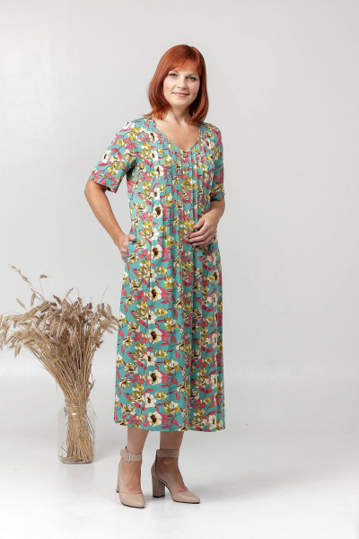 Платье трапеция с складками и карманами летнее Соджи 625 бирюзовый - фото 3