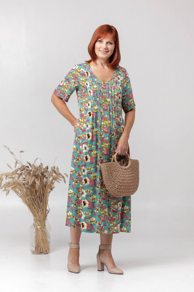 Платье трапеция с складками и карманами летнее Соджи 625 бирюзовый - фото 1