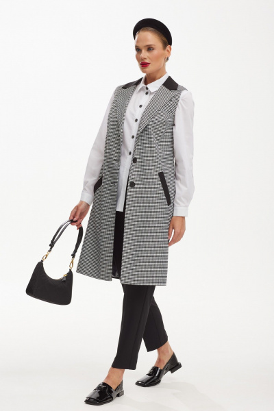 Брючный костюм с удлиненным жилетом в гусиную лапку Твой имидж 1886 черно-белый - фото 2