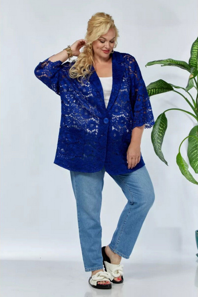 Кружевной жакет оверсайз с накладными карманами для офиса Anastasia 1006.1 синий - фото 6