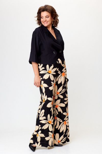 Костюм из вискозных брюк и жакета с лацканами и поясом Michel chic 1375 черный,ромашка - фото 3