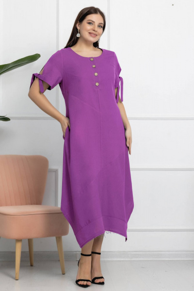 Льняное платье с ассиметричным низом и завязками Gold Style 2628 сиреневый - фото 1