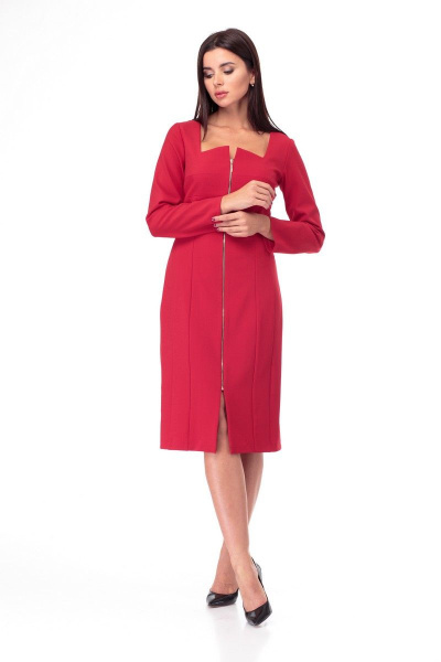 Полуприлегающее платье из текстиля с рельефами и длинным рукавом Anelli 891 красный - фото 2