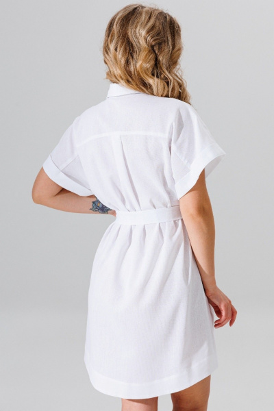 Платье свободного кроя из льна с вышивкой и поясом Faufilure C1657 белый - фото 4