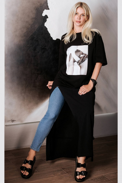 Летнее женское платье-футболка с разрезом черное BUNABOUTIQUE 2102 - фото 7
