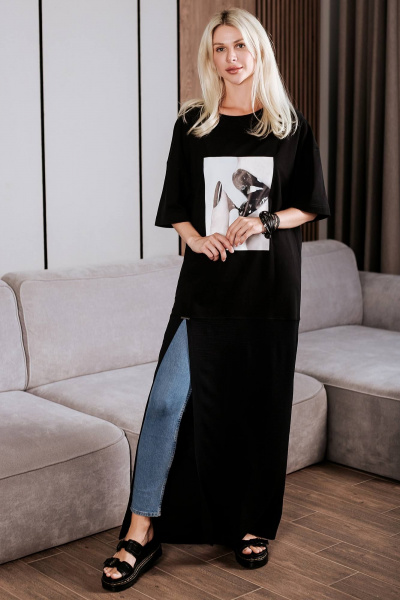 Летнее женское платье-футболка с разрезом черное BUNABOUTIQUE 2102 - фото 6