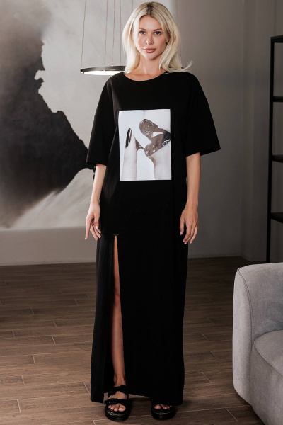 Летнее женское платье-футболка с разрезом черное BUNABOUTIQUE 2102 - фото 4