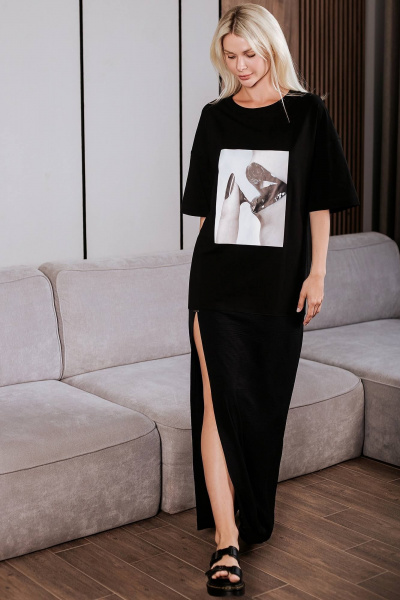 Летнее женское платье-футболка с разрезом черное BUNABOUTIQUE 2102 - фото 2