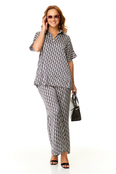 Летний комплект блузы и брюк палаццо из легкого текстиля Taita plus 2409 стальной+черный - фото 6