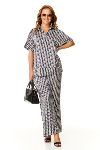 Летний комплект блузы и брюк палаццо из легкого текстиля Taita plus 2409 стальной+черный - фото 5