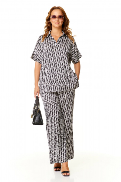 Летний комплект блузы и брюк палаццо из легкого текстиля Taita plus 2409 стальной+черный - фото 4