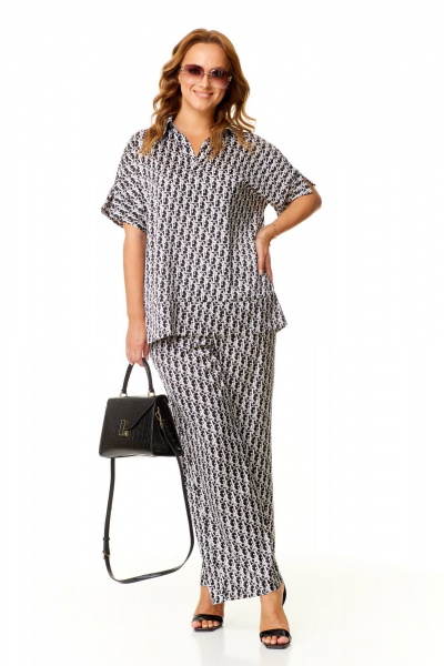 Летний комплект блузы и брюк палаццо из легкого текстиля Taita plus 2409 стальной+черный - фото 1