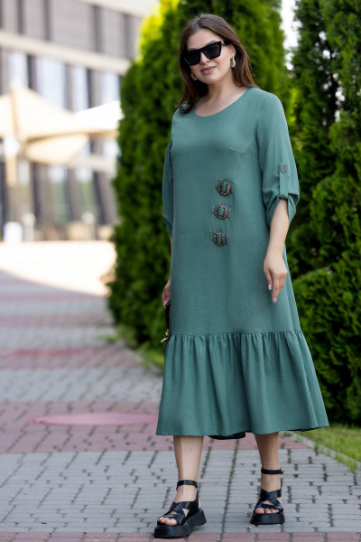 Зеленое летнее макси платье из льна с сборкой и карманами Gold Style 2657 изумруд - фото 6