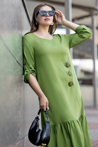Платье макси бохо из эко льна plus size летнее Gold Style 2657 салатовый - фото 6