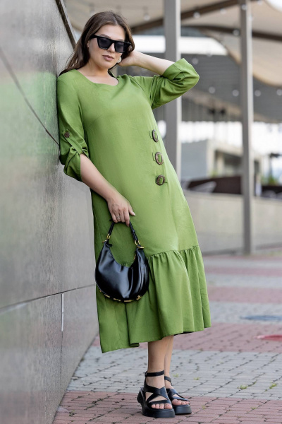 Платье макси бохо из эко льна plus size летнее Gold Style 2657 салатовый - фото 4