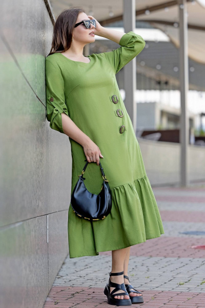 Платье макси бохо из эко льна plus size летнее Gold Style 2657 салатовый - фото 3