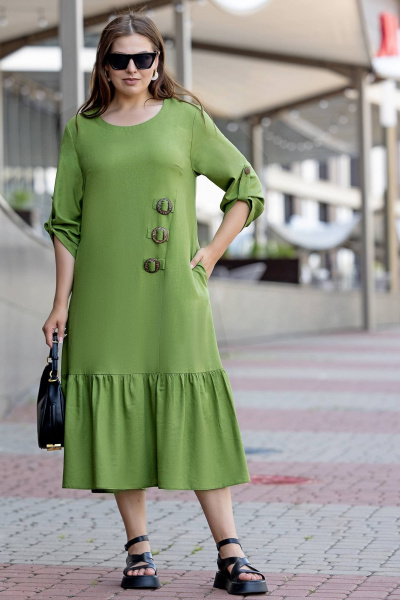 Платье макси бохо из эко льна plus size летнее Gold Style 2657 салатовый - фото 1