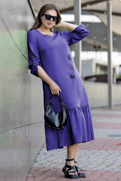 Платье макси бохо из эко льна plus size летнее Gold Style 2657 фиолет - фото 1